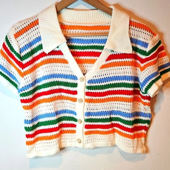 Colorful Striped Knit Set Crop Top High Waisted Short Cute & Colorful XXL - Picture 2 of 5